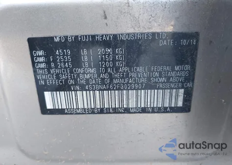 2015 Subaru Legacy 2.5I Premium from USA, damaged, VIN 4S3BNAF62F3029907